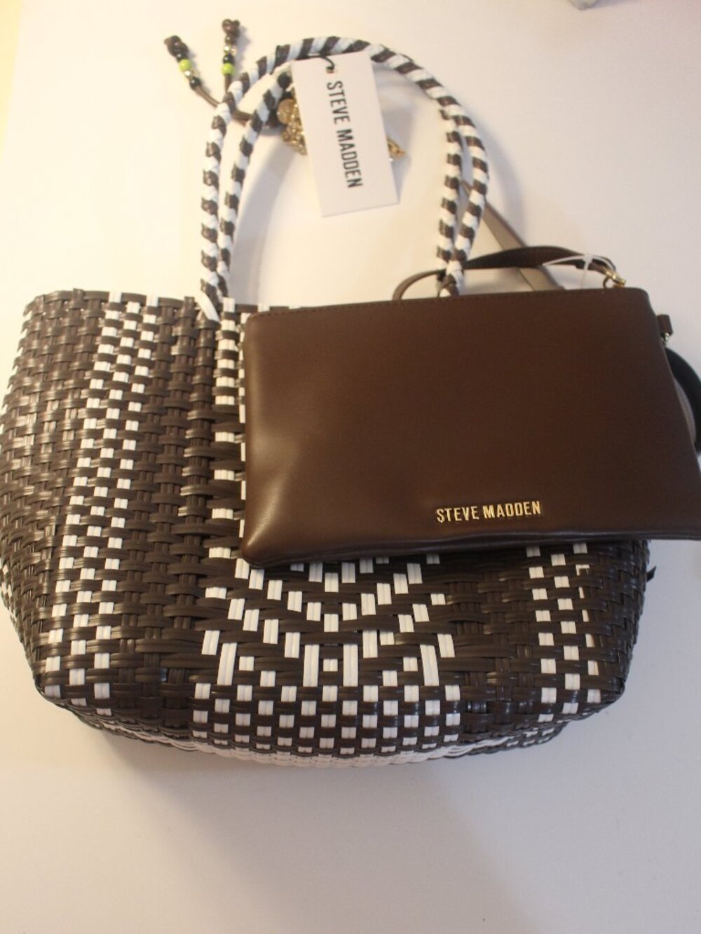 Steve Madden BSunny Brown & White Woven Tote With Matching Pouch